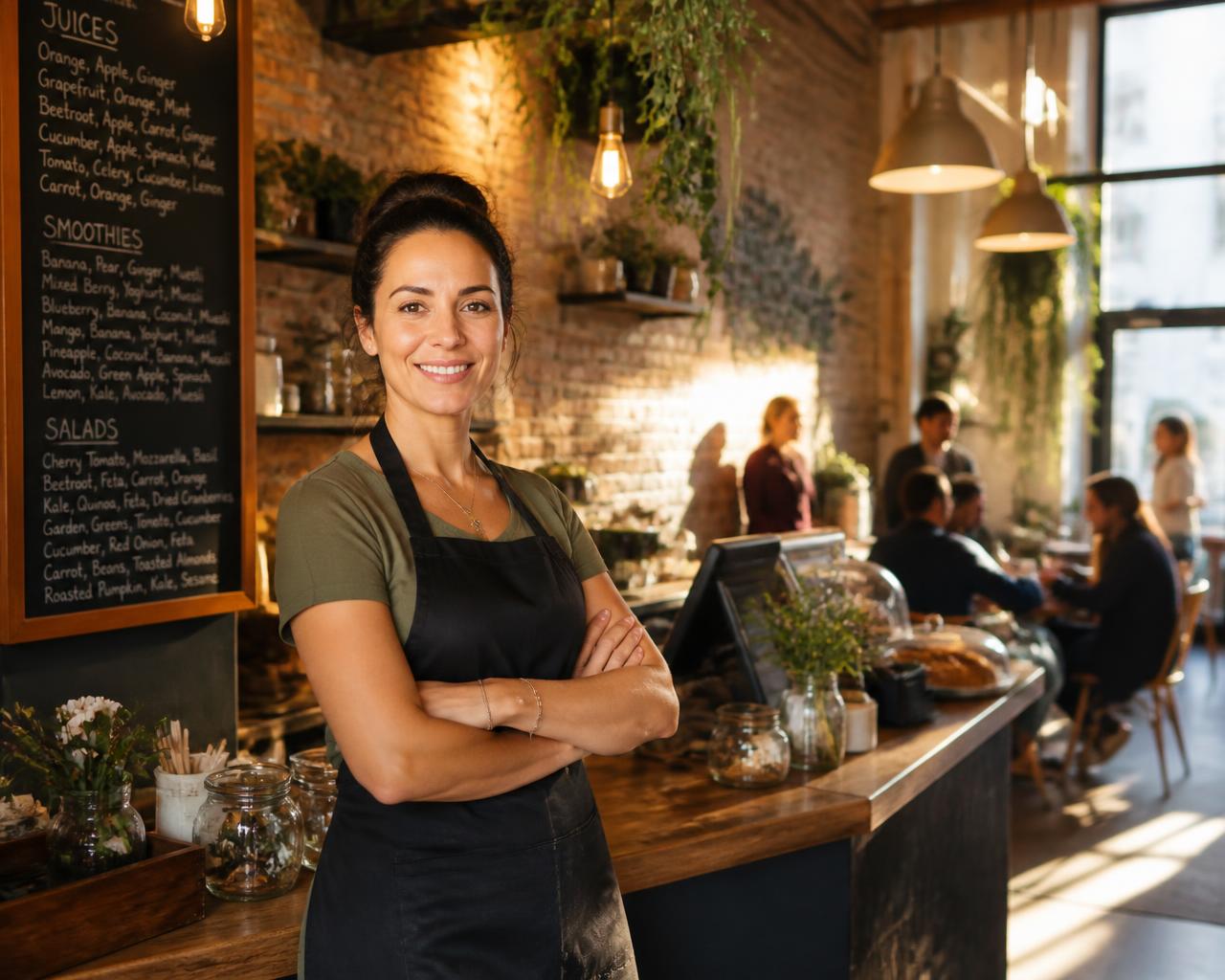 Happy merchant in a thriving cafe